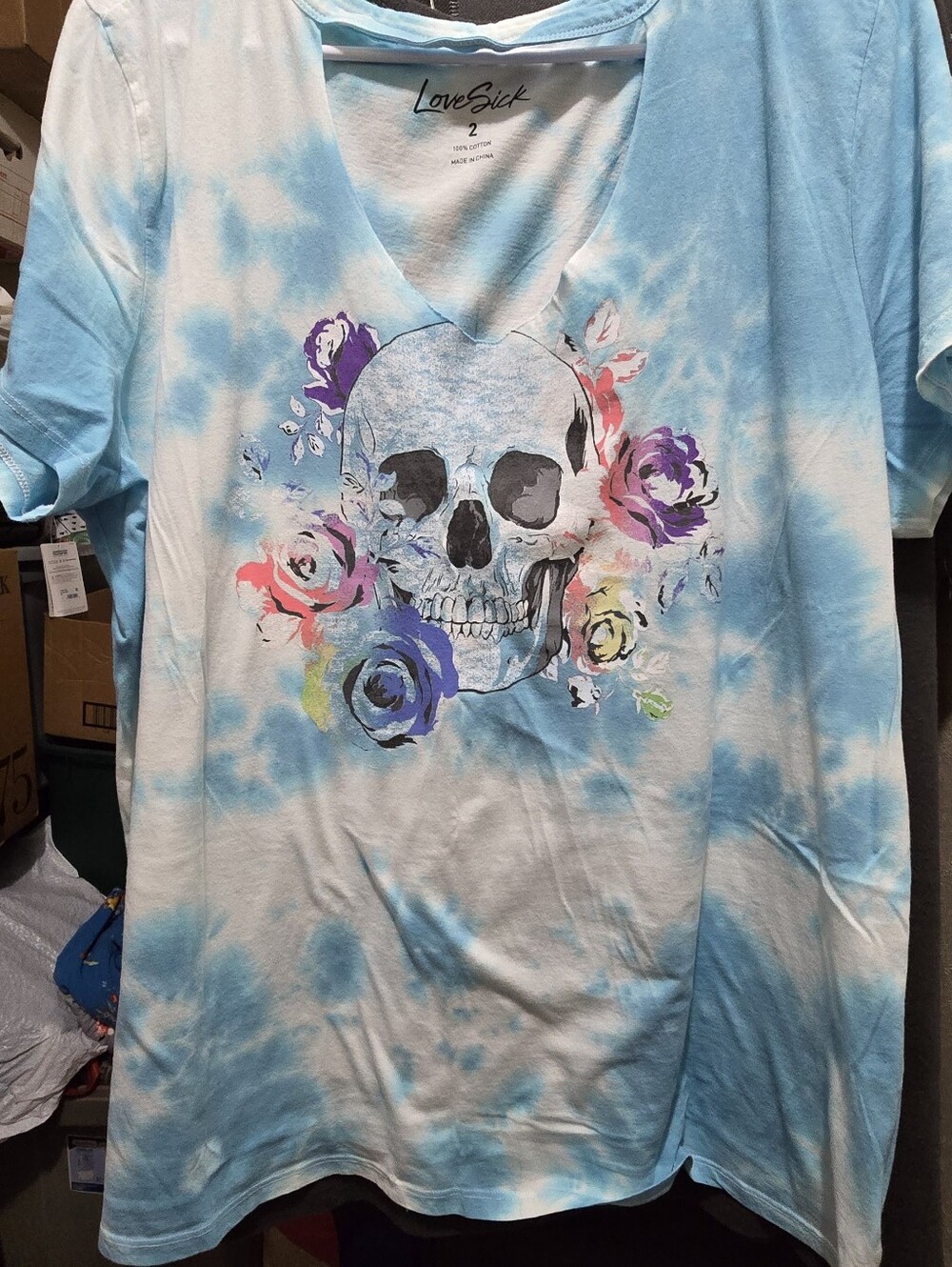 Torrid Blue Tie-Dye Skull Floral V-Neck Top